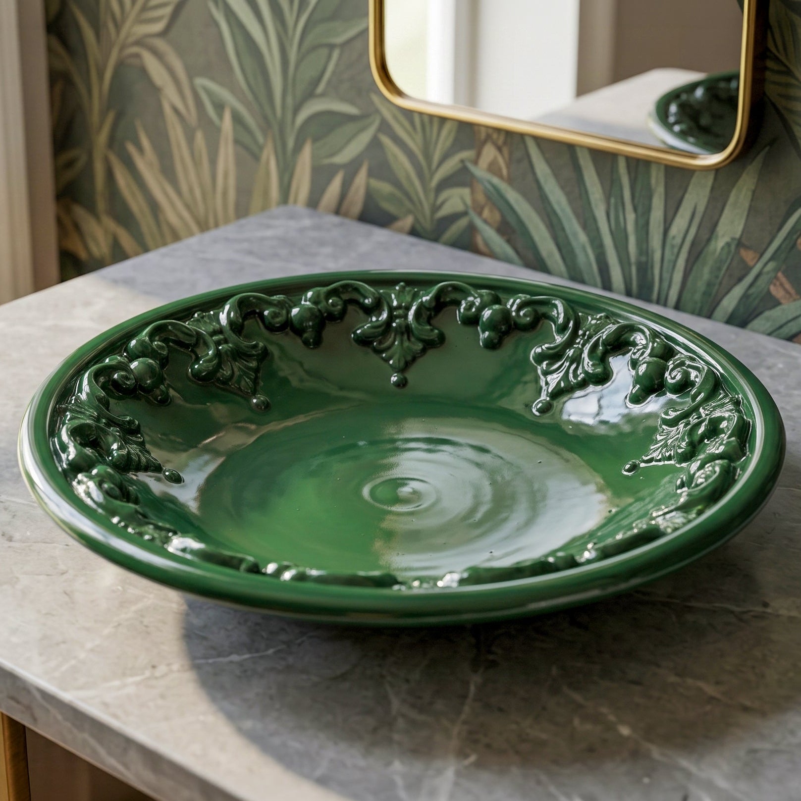 Piatto Svuota Tasche, Plastico Sofia, Verde Antico. Ceramica di Caltagirone