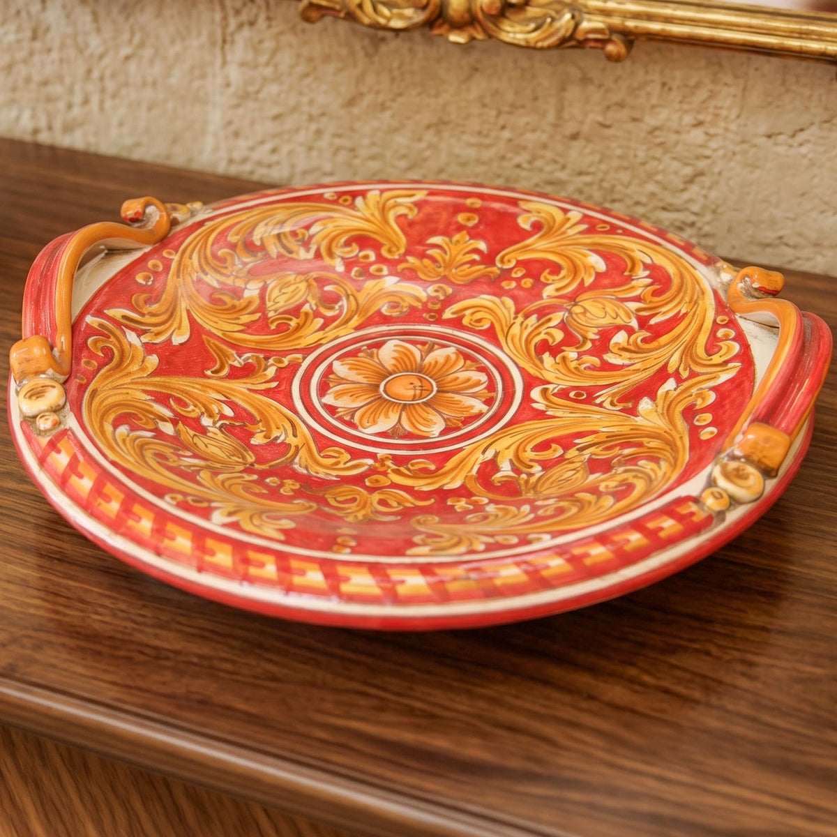 Centrotavola in Ceramica di Caltagirone Ø 30/40 cm - Ornato Fondo Rosso