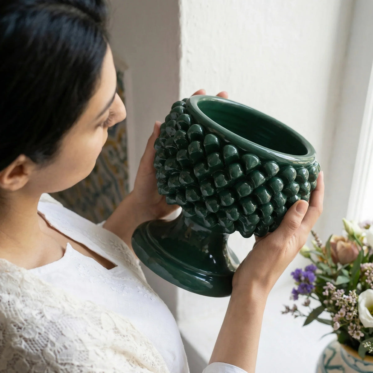Vaso Mezza Pigna, Verde Antico. Ceramiche Sofia, Caltagirone