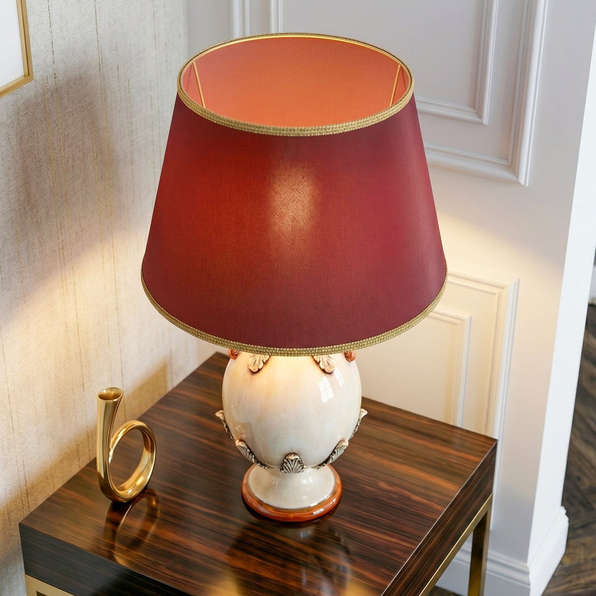 Lume a Uovo in Ceramica di Caltagirone h 47 cm - Plastico Sofia, Madreperla Oro e Lustri