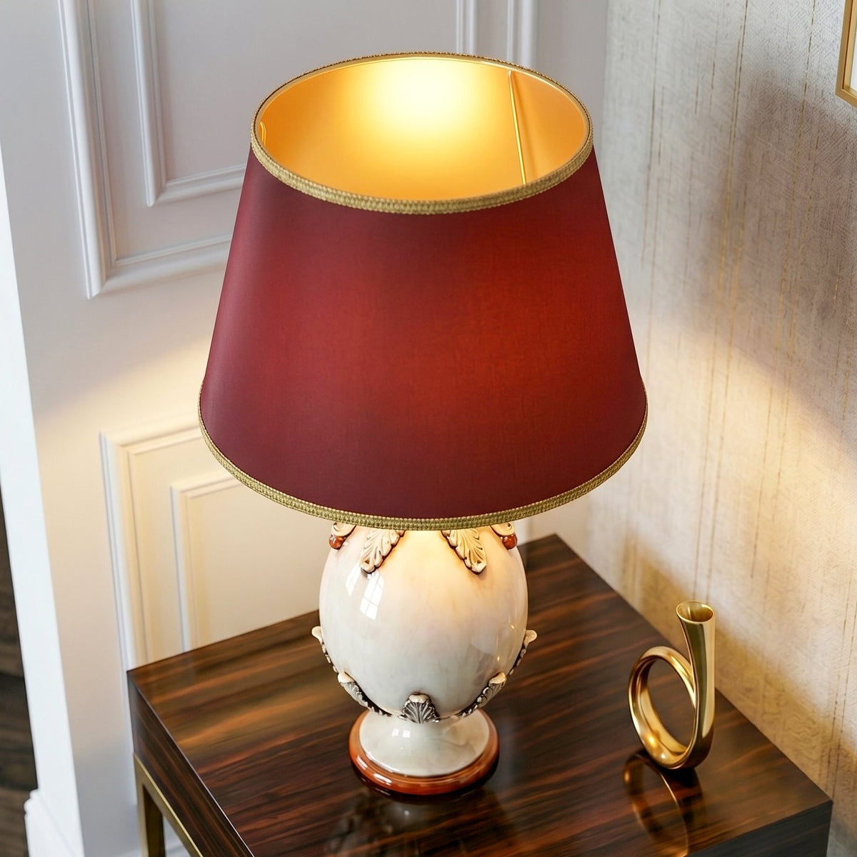 Lume a Uovo in Ceramica di Caltagirone h 47 cm - Plastico Sofia, Madreperla Oro e Lustri