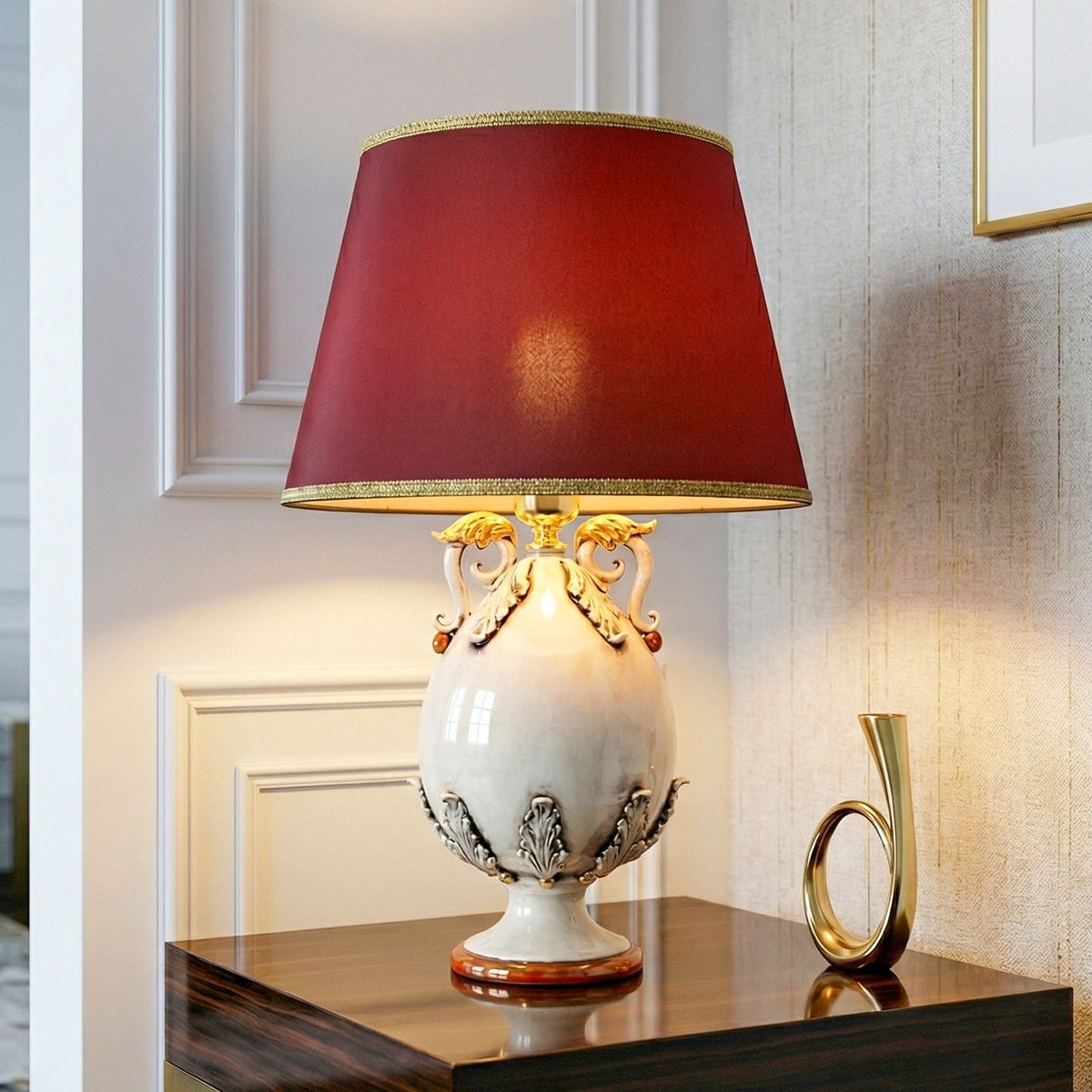 Lume a Uovo in Ceramica di Caltagirone h 47 cm - Plastico Sofia, Madreperla Oro e Lustri