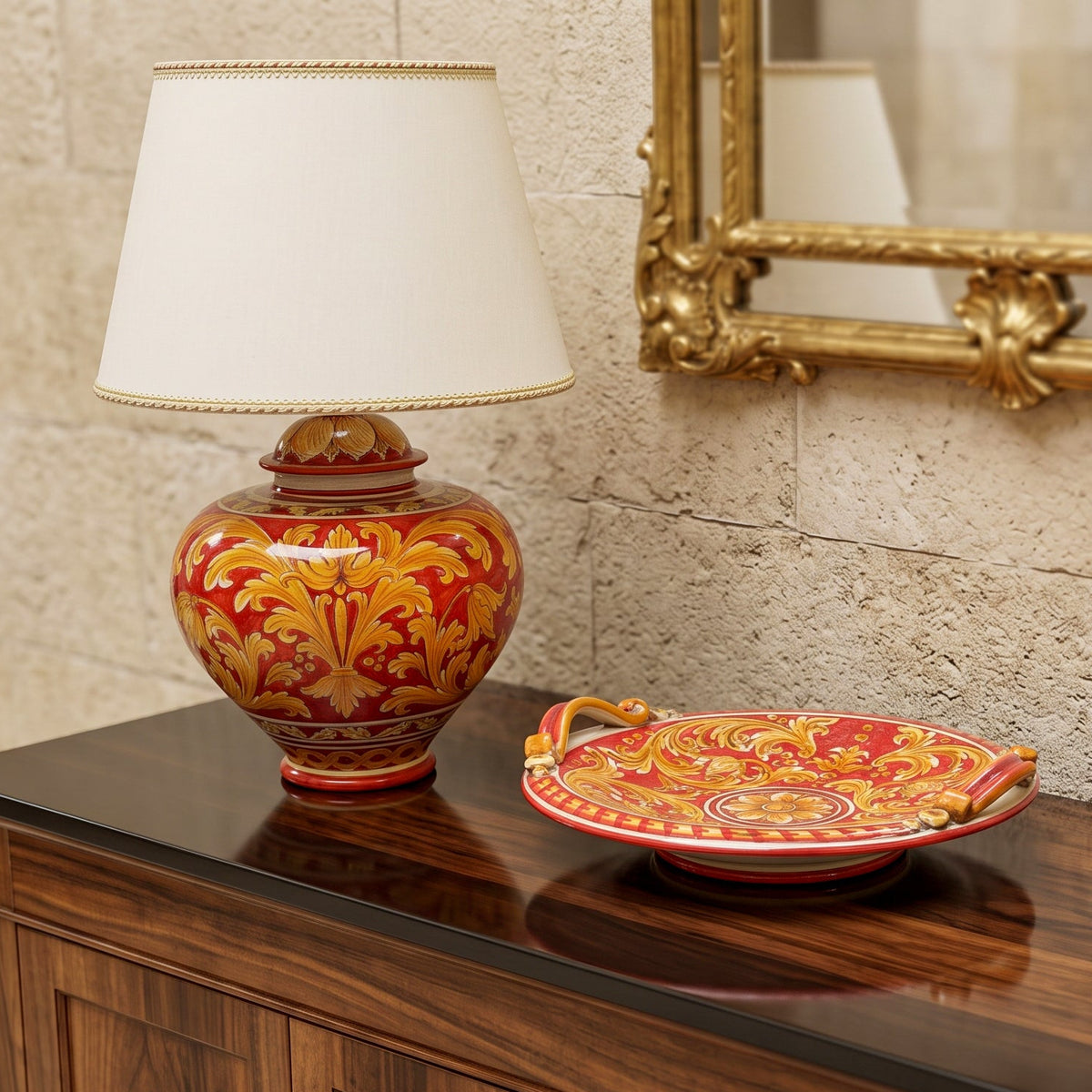 Lume Palla in Ceramica di Caltagirone h 66 cm - Ornato Fondo Rosso