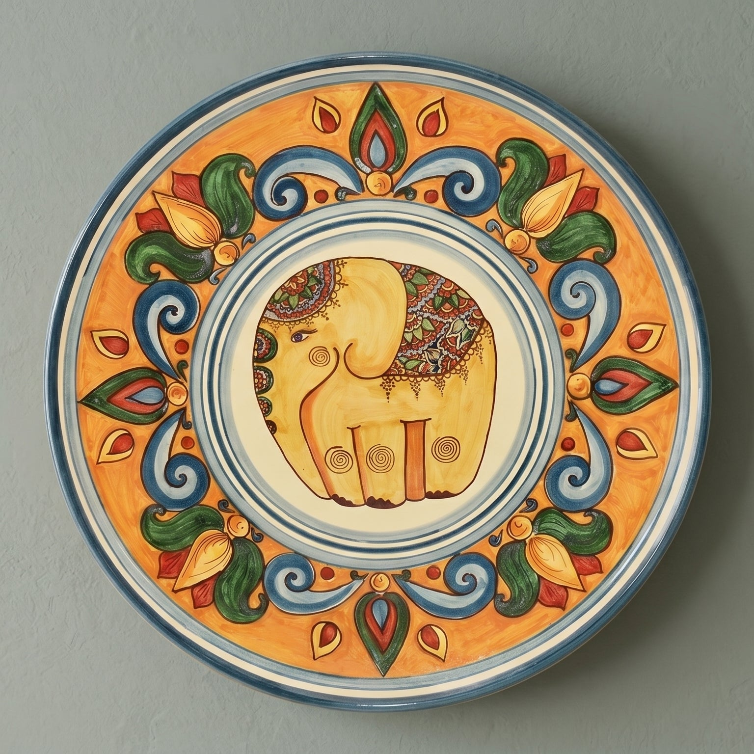 Piatto Ornamentale, Decoro Elefante, Fondo Arancio. Ceramica siciliana di Caltagirone, Sofia