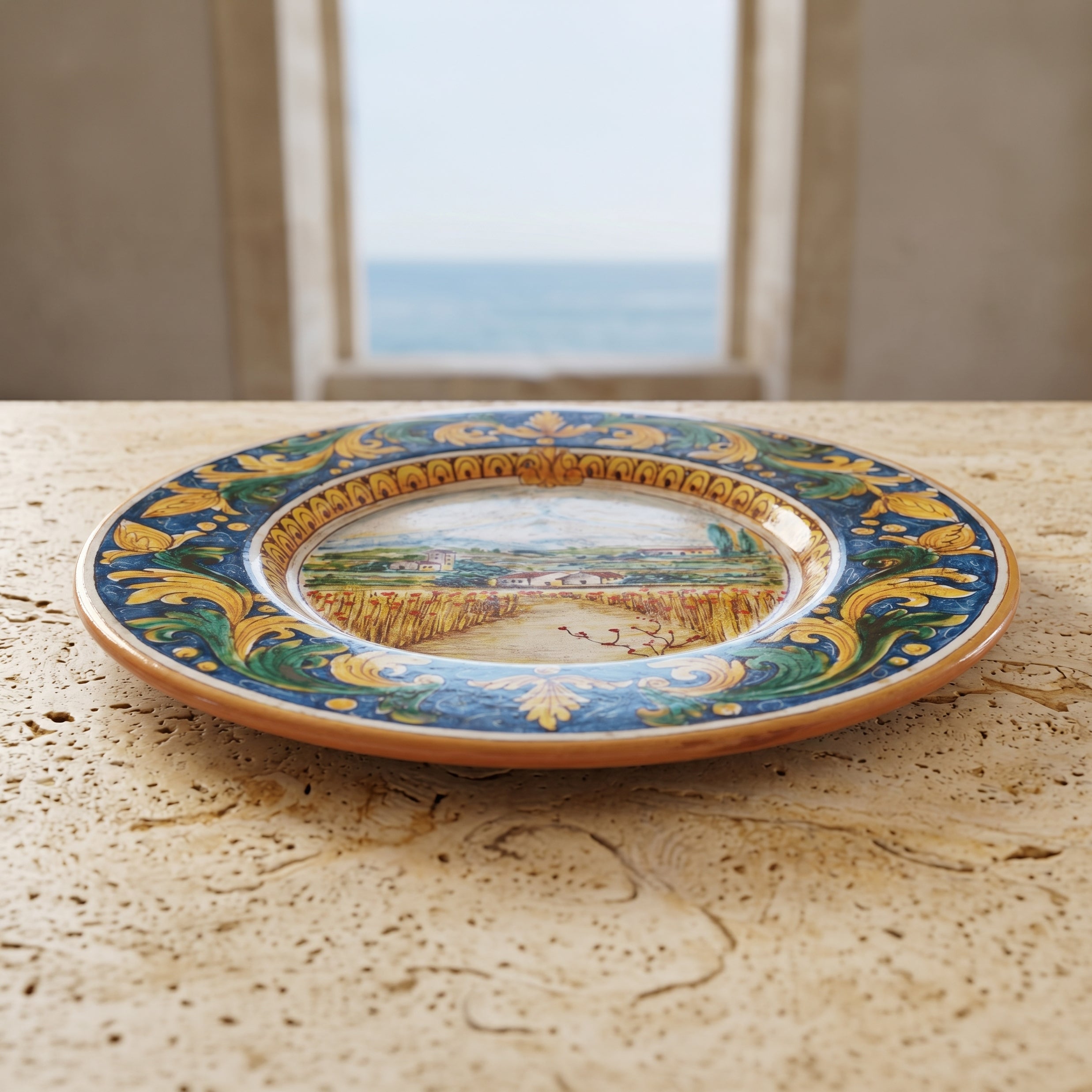Piatto Cappello Prete, Paesaggio Etna con Frumento, Ornato Calatino, spighe di grano. Ceramiche Sofia, Caltagirone