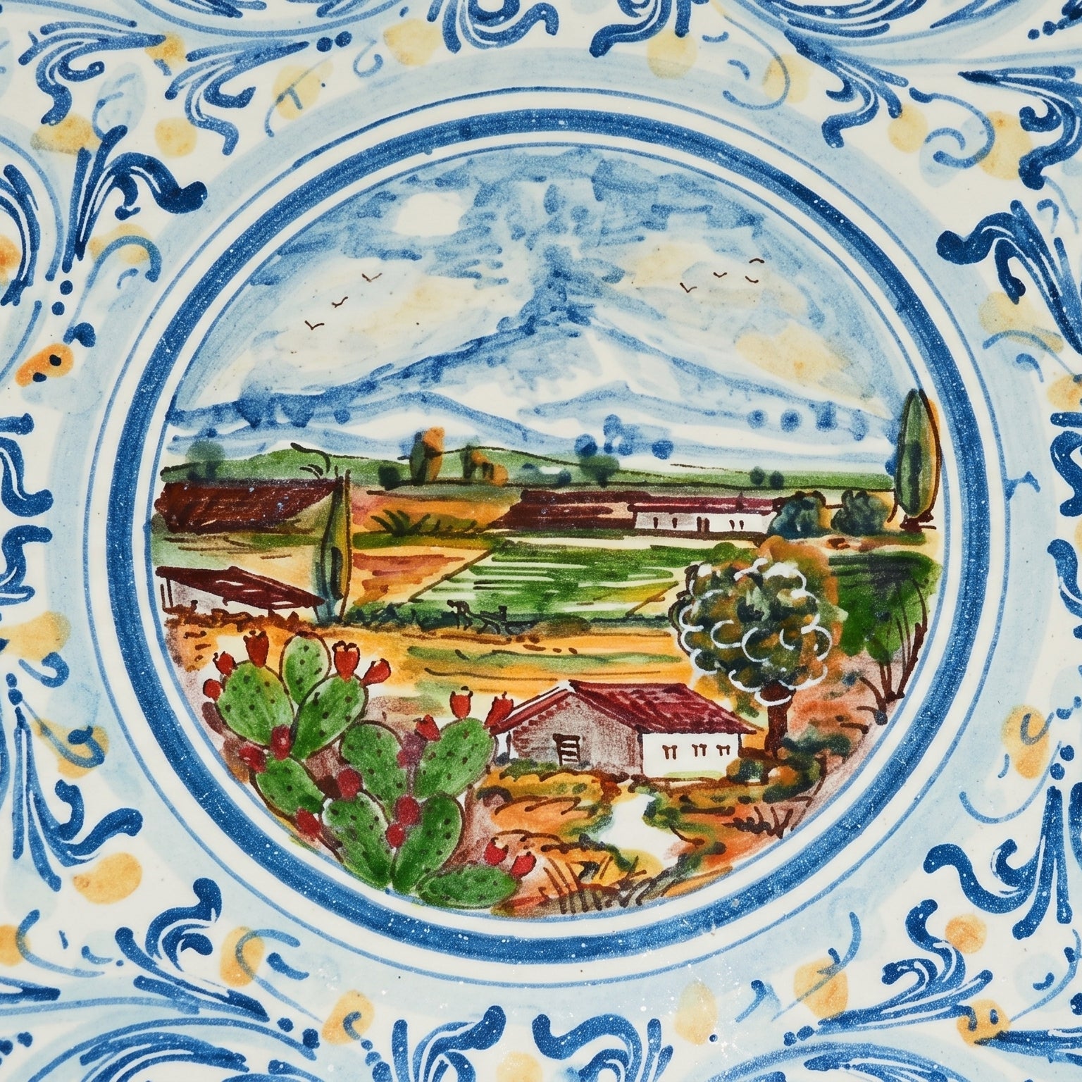 Piatto Ornamentale, Blu e Arancio, Serie d'Arte. Ceramica siciliana di Caltagirone, Sofia