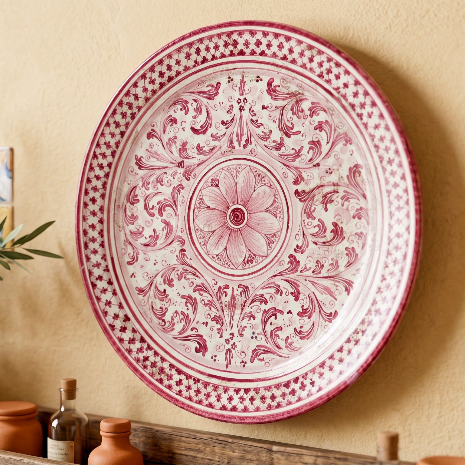 Piatto Ornamentale, Mono Bordeaux, Serie d'Arte. Ceramiche Sofia, Caltagirone