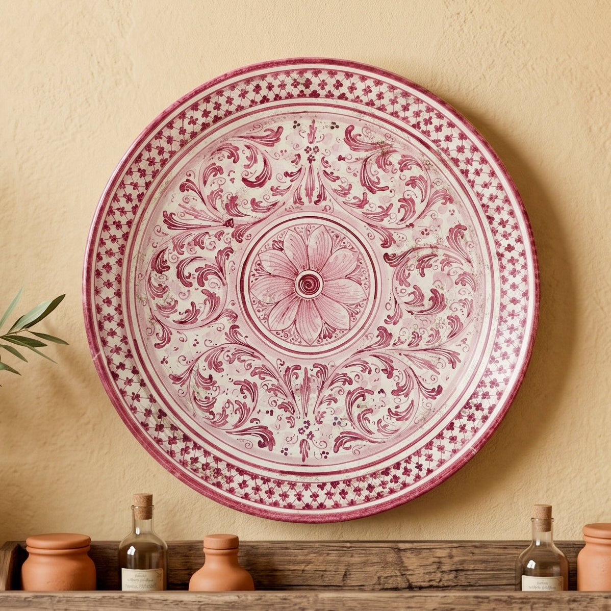 Piatto Ornamentale, Mono Bordeaux, Serie d'Arte. Ceramiche Sofia, Caltagirone