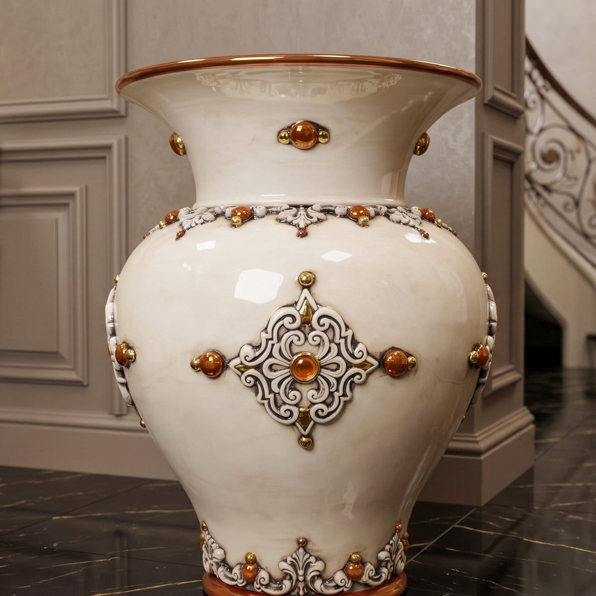 Portaombrelli Panciuto in Ceramica di Caltagirone h 50 cm - Madreperla Antichizzato Oro e Lustri