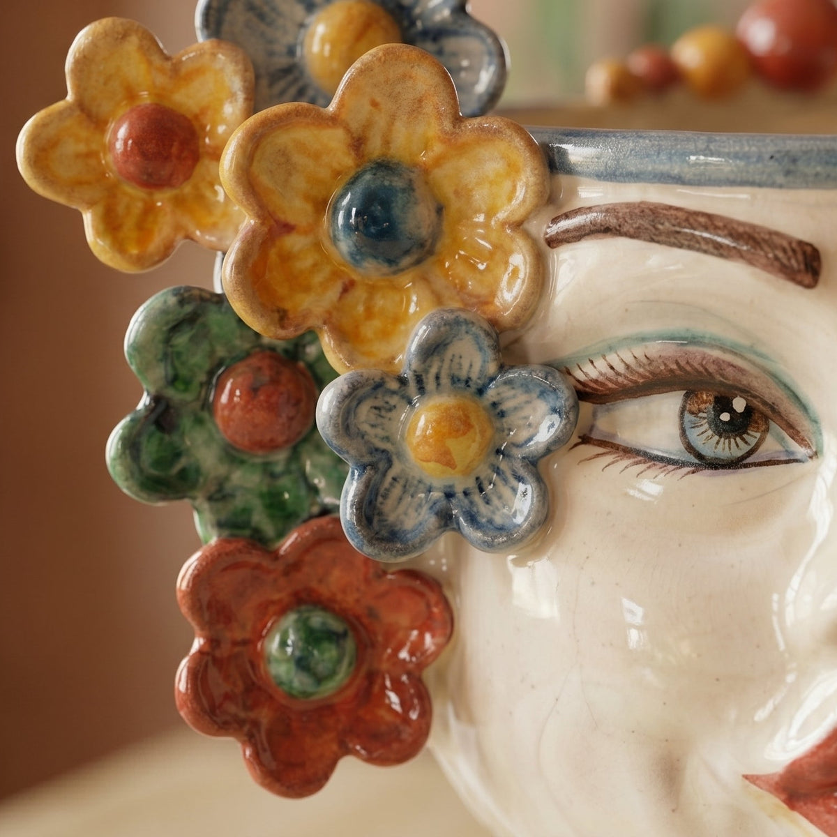 Testa di Moro con Fiori, Donna, Decoro Sicily, volto, labbra. Ceramiche Sofia, Caltagirone