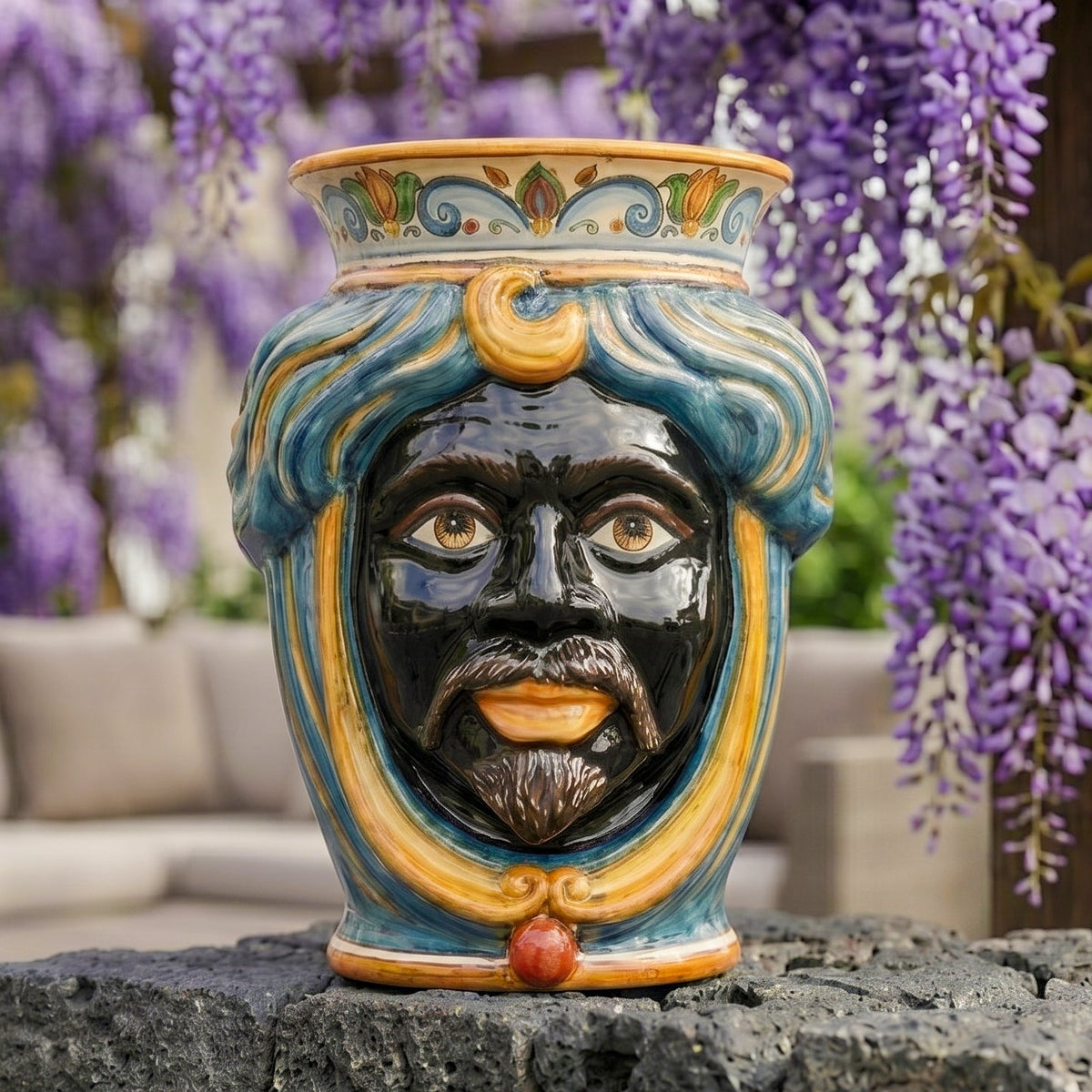 Testa di Moro, Maschio senza corona, Decoro Sicily, decoro barocco, volto. Ceramiche Sofia, Caltagirone