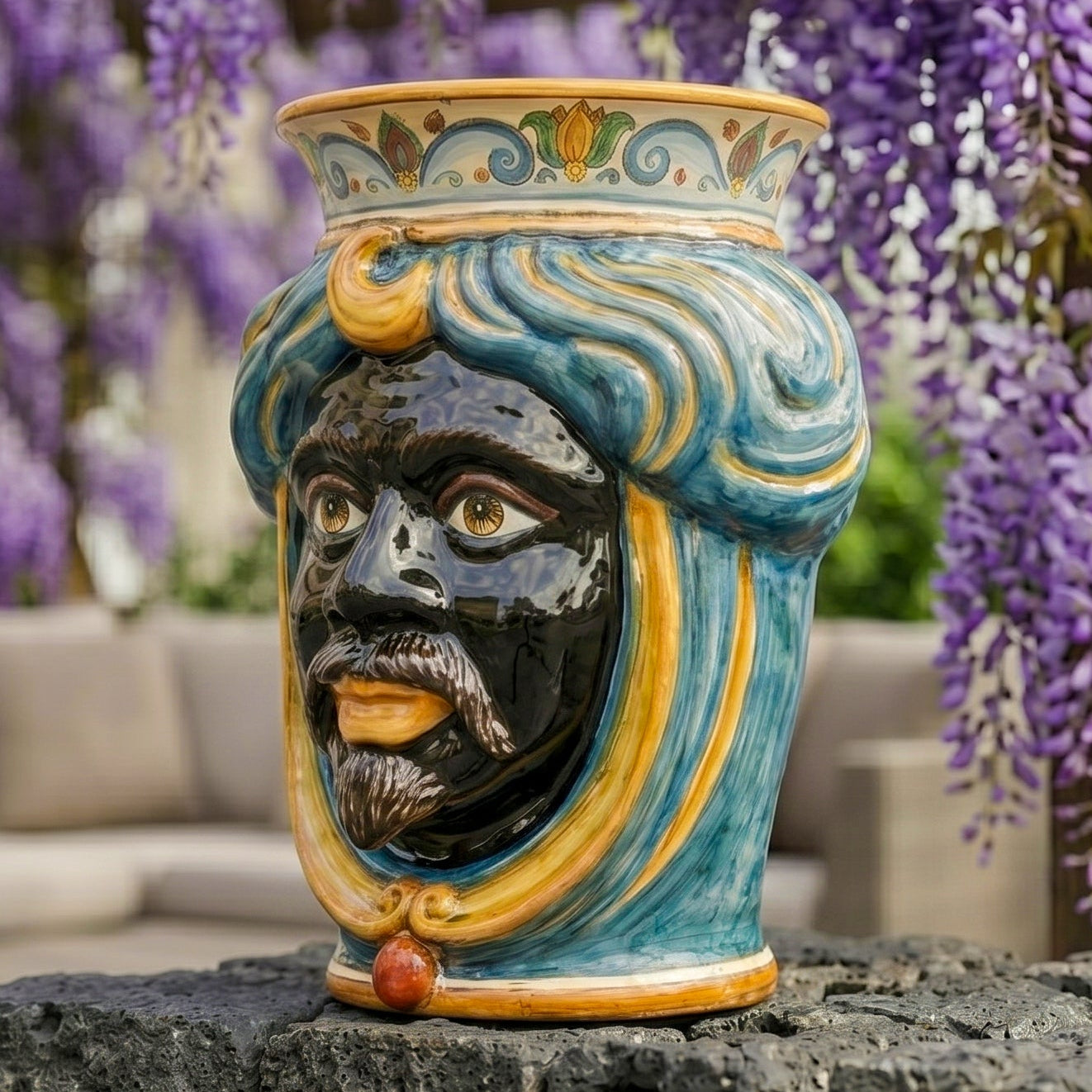 Testa di Moro, Maschio senza corona, Decoro Sicily, decoro barocco, volto. Ceramiche Sofia, Caltagirone