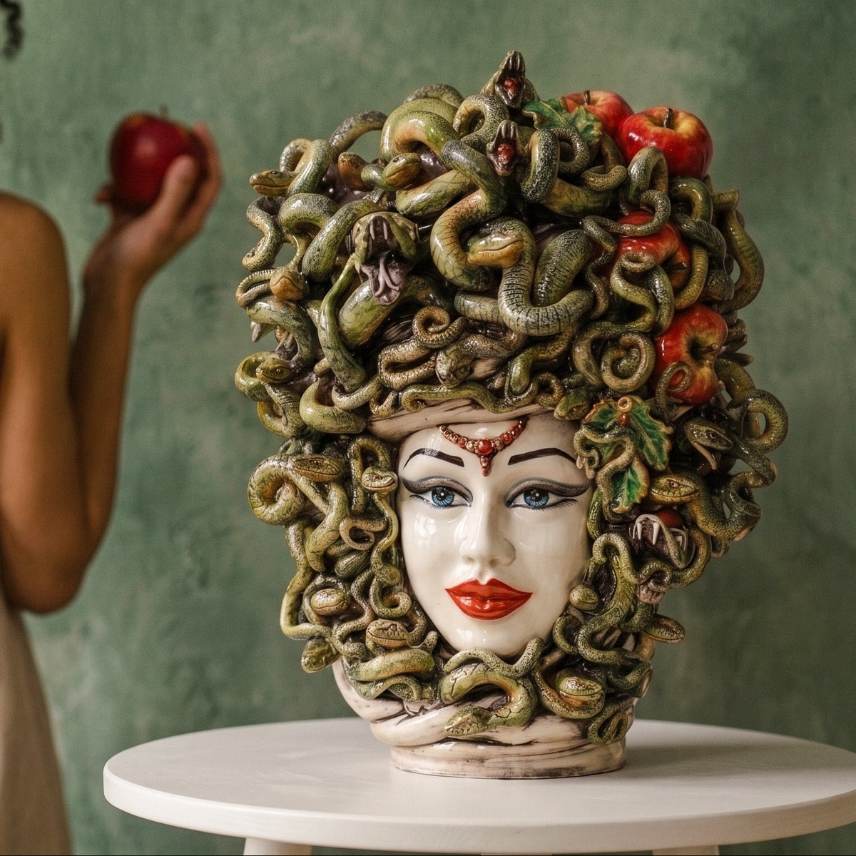 Testa Medusa h 50 cm - con Mele, Madreperla Antichizzato | Ceramica Caltagirone