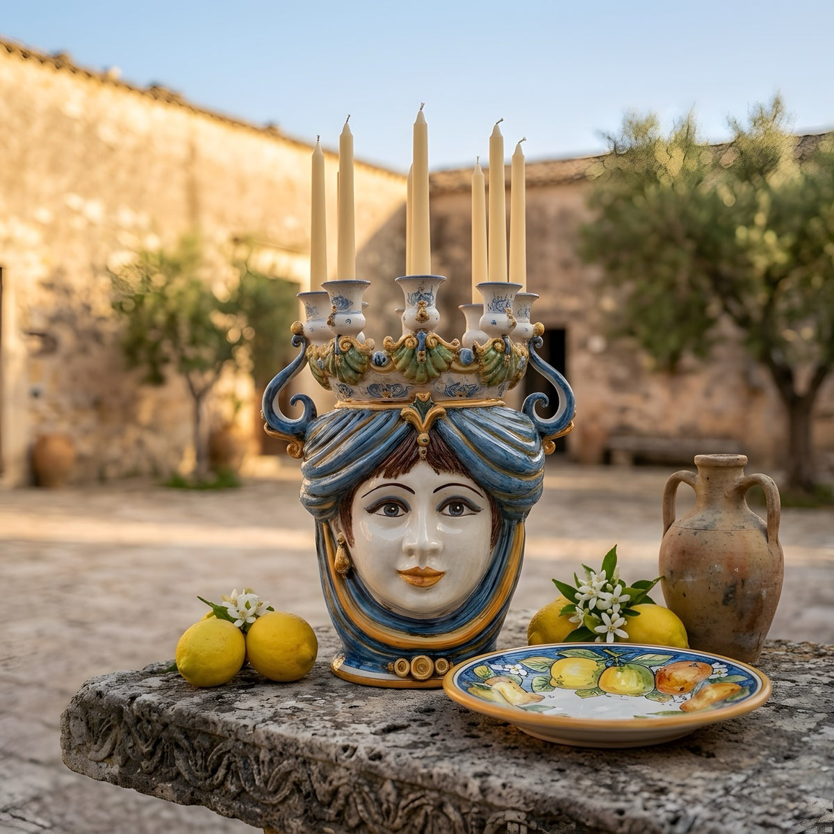 Testa di Moro a Candeliere, Donna, Blu e Arancio. Ceramiche Sofia, Caltagirone
