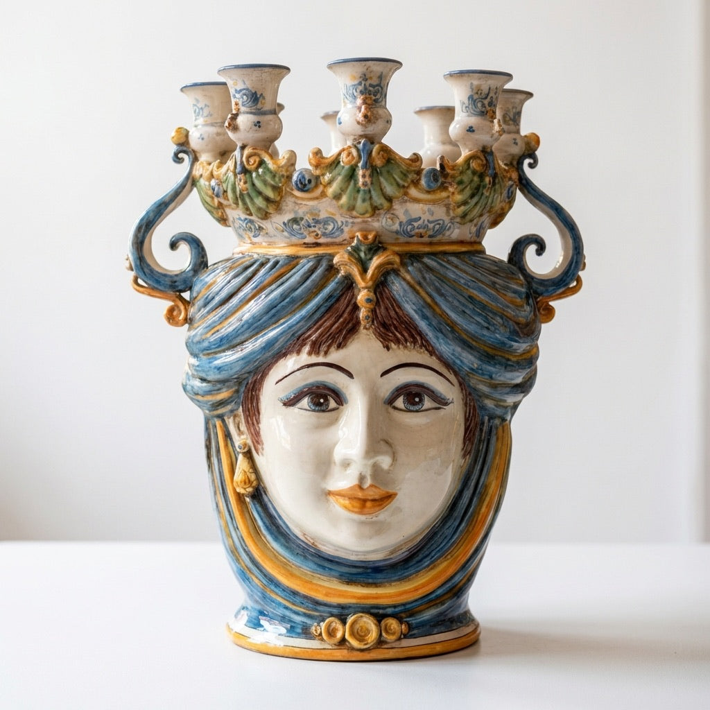 Testa di Moro a Candeliere, Donna, Blu e Arancio. Ceramiche Sofia, Caltagirone