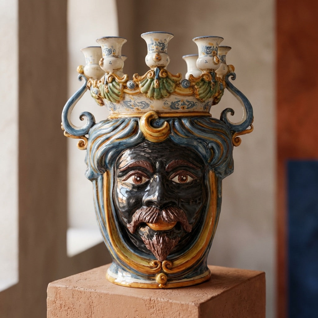 Testa di Moro a Candeliere, Maschio Moro, Blu e Arancio. Ceramiche Sofia, Caltagirone
