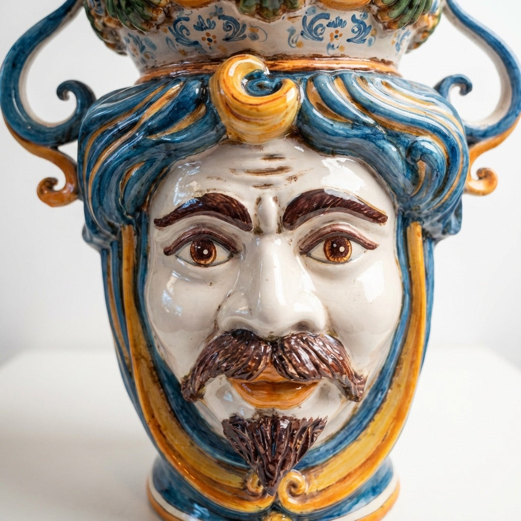 Testa di Moro a Candeliere, Maschio Bianco, Blu e Arancio. Ceramiche Sofia, Caltagirone