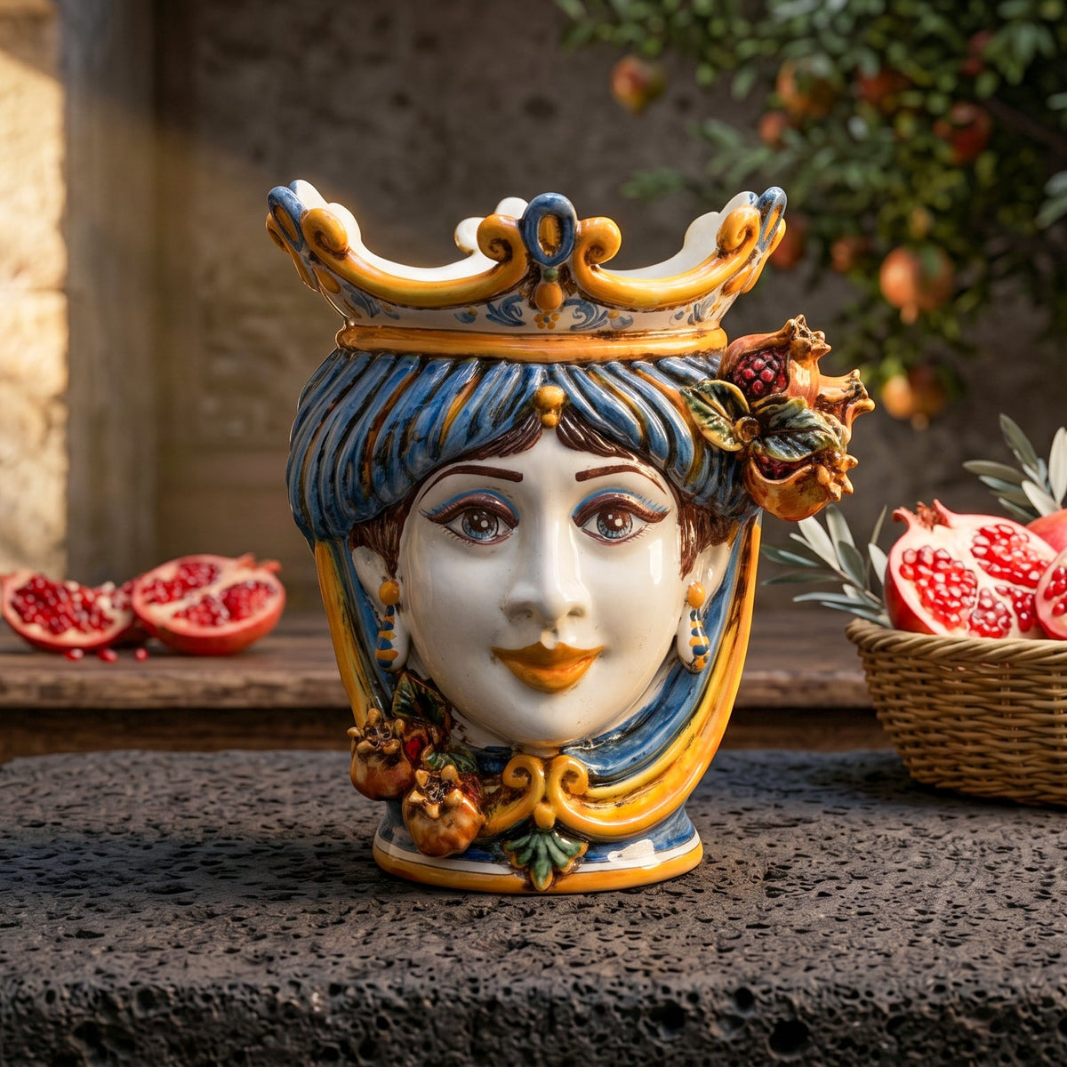 Testa di Moro con Melograni, Donna, Blu e Arancio, corona. Ceramica siciliana di Caltagirone, Sofia