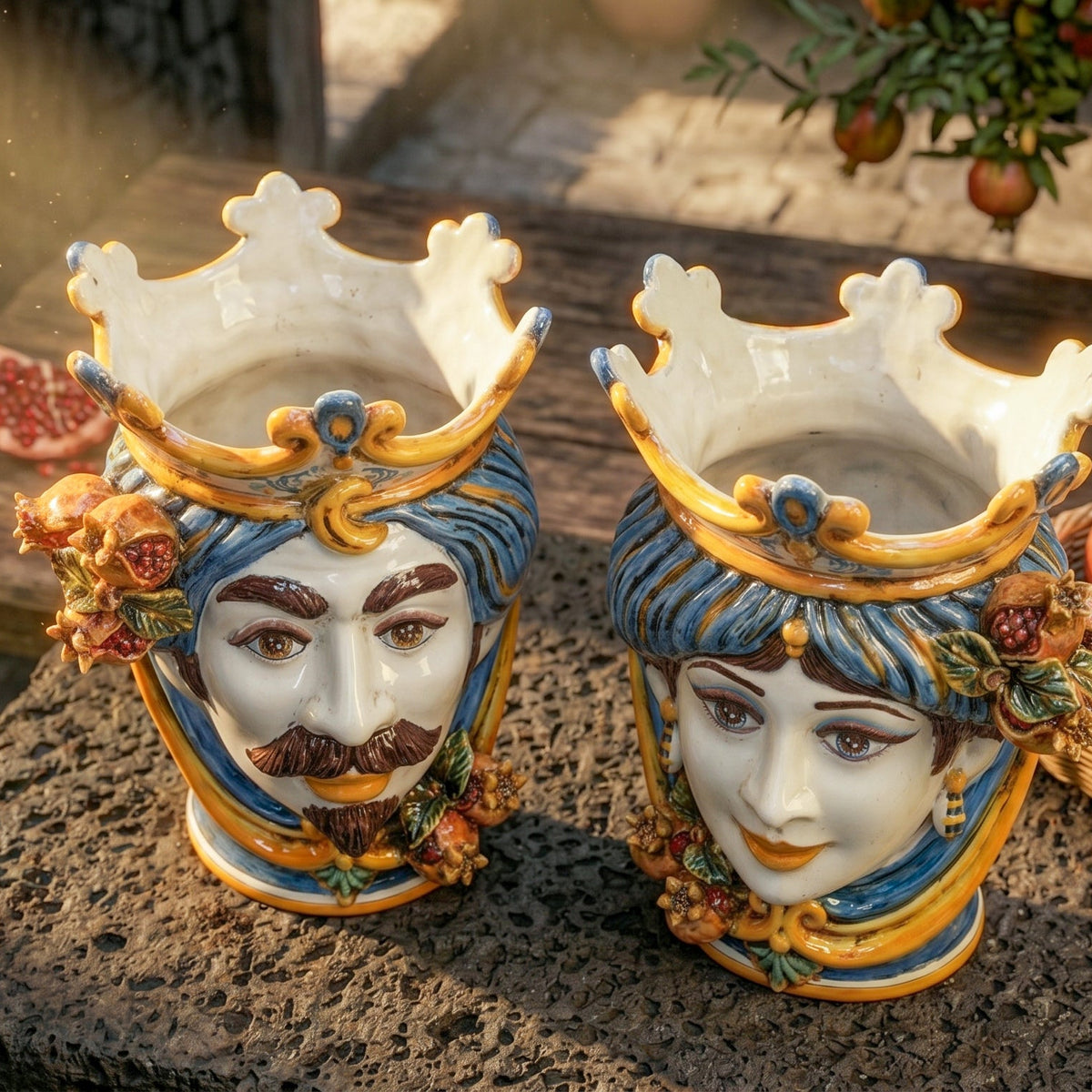 Testa di Moro con Melograni, Maschio Bianco, Blu e Arancio, corona. Ceramica siciliana di Caltagirone, Sofia