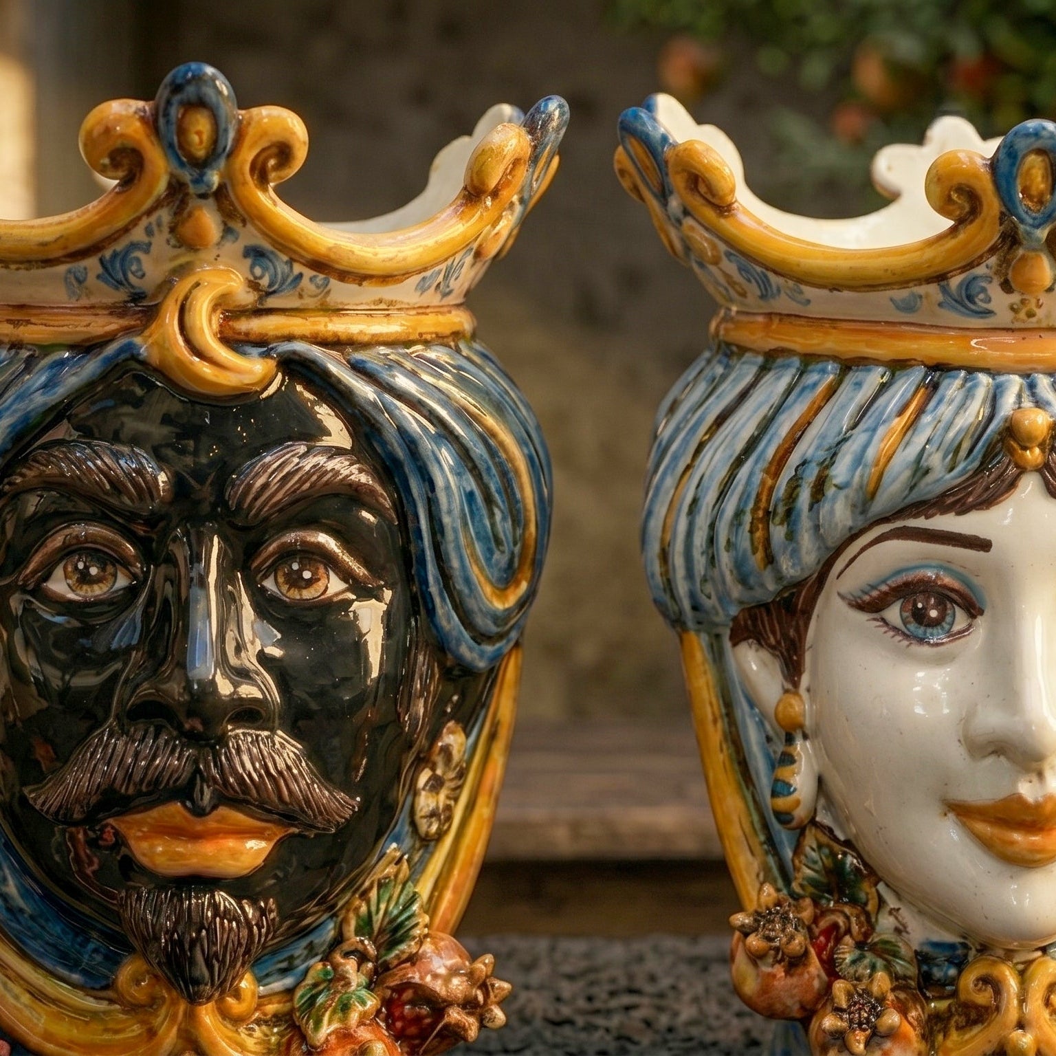 Testa di Moro con Melograni, Maschio Moro, Blu e Arancio, corona. Ceramiche Sofia, Caltagirone