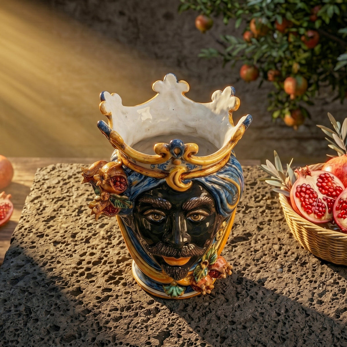 Testa di Moro con Melograni, Maschio Moro, Blu e Arancio, corona. Ceramiche Sofia, Caltagirone