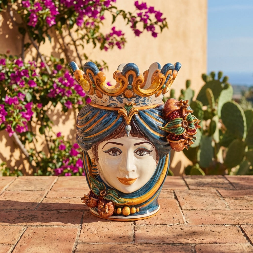 Testa di Moro con Melograni, Donna, Blu e Arancio. Ceramiche Sofia, Caltagirone