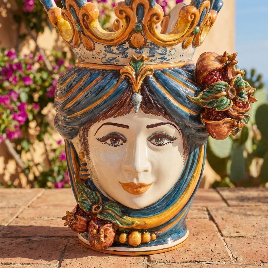 Testa di Moro con Melograni, Donna, Blu e Arancio. Ceramiche Sofia, Caltagirone