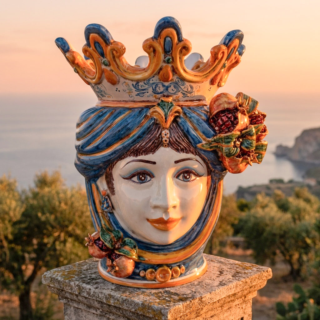 Testa di Moro con Melograni, Donna, Blu e Arancio. Ceramiche Sofia, Caltagirone