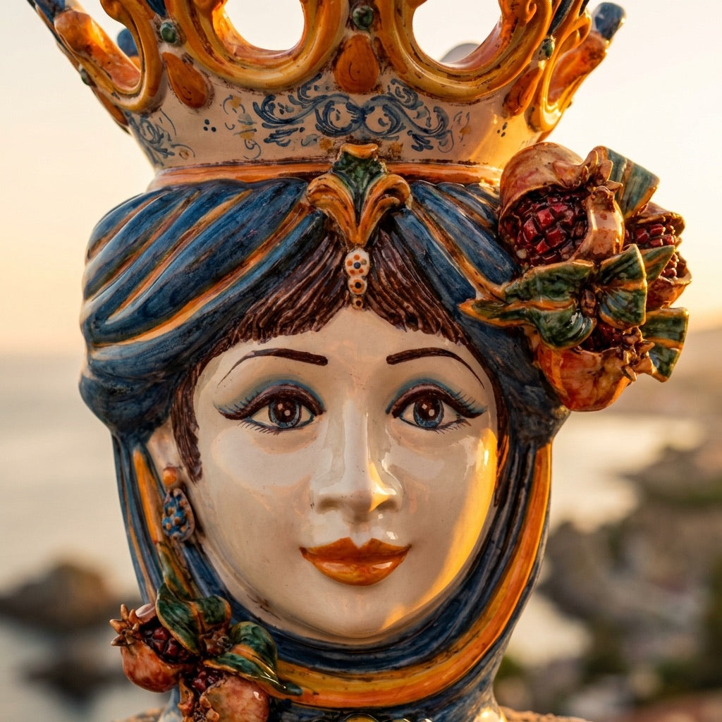 Testa di Moro con Melograni, Donna, Blu e Arancio. Ceramiche Sofia, Caltagirone