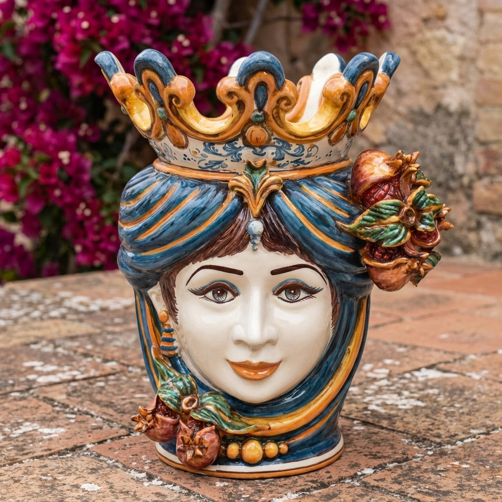 Testa di Moro con Melograni, Donna, Blu e Arancio. Ceramiche Sofia, Caltagirone