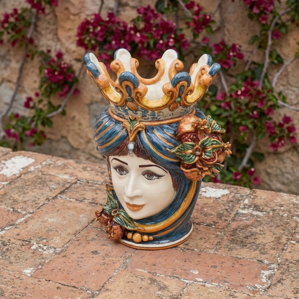 Testa di Moro con Melograni, Donna, Blu e Arancio. Ceramiche Sofia, Caltagirone