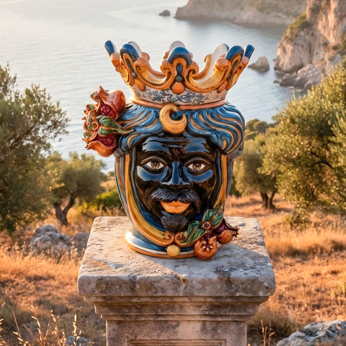 Testa di Moro con Melograni, Maschio Moro, Blu e Arancio. Ceramica siciliana di Caltagirone, Sofia