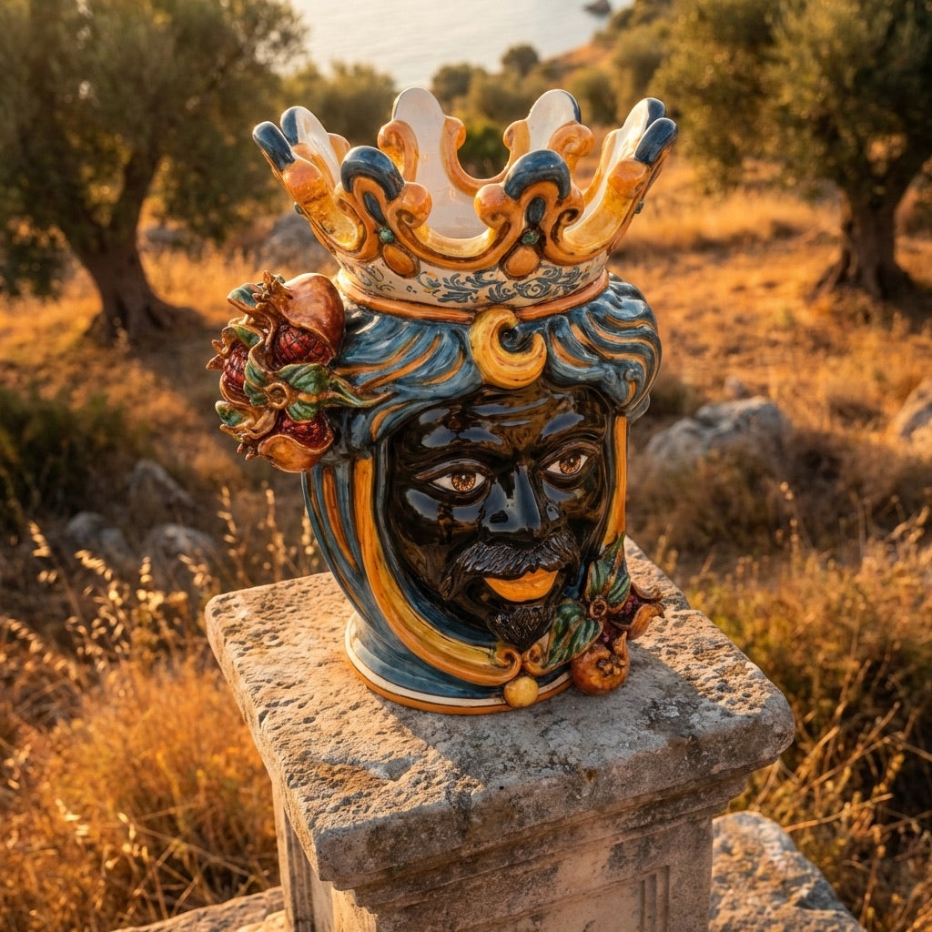 Testa di Moro con Melograni, Maschio Moro, Blu e Arancio. Ceramica siciliana di Caltagirone, Sofia