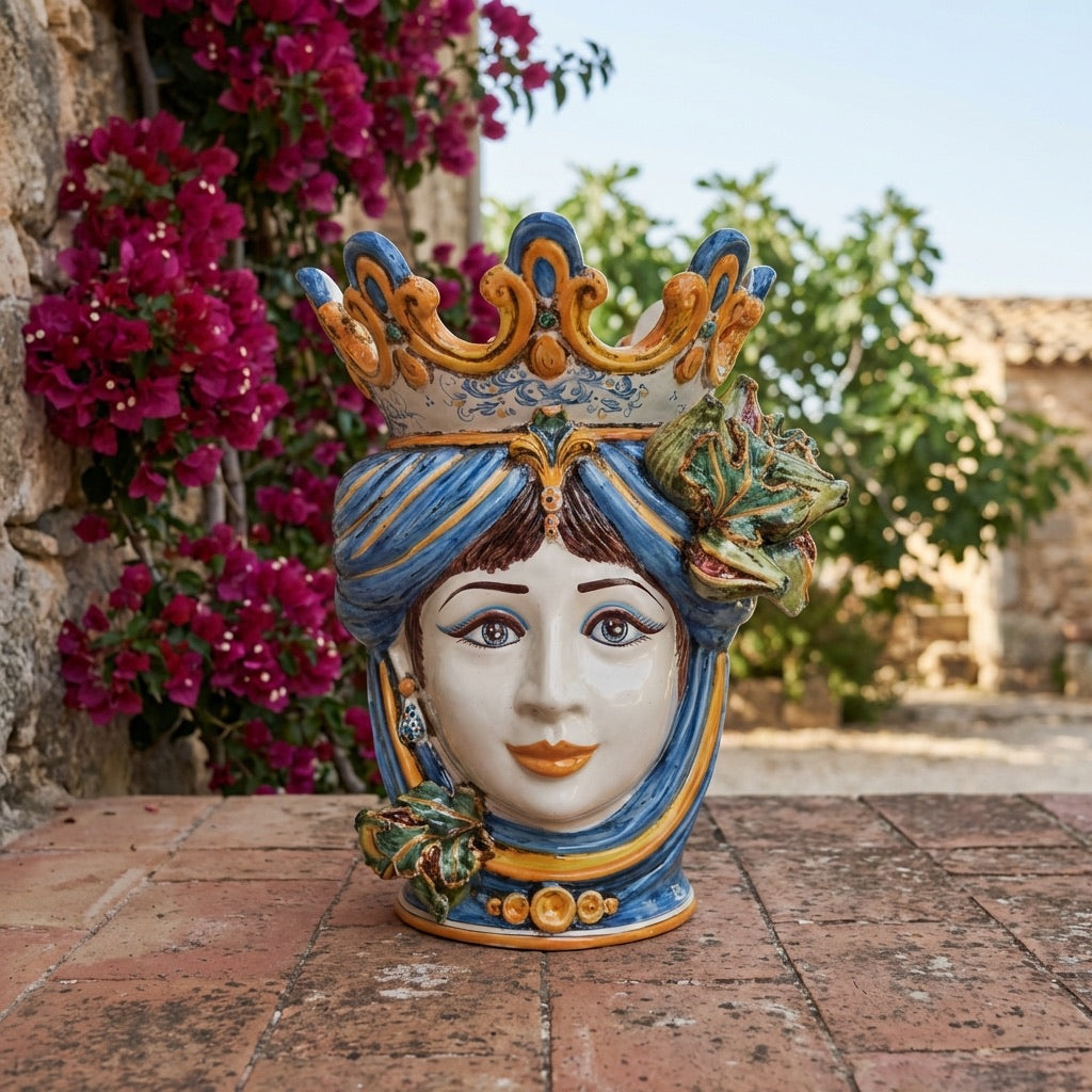 Testa di Moro con Fichi, Donna, Blu e Arancio, fico d'India in rilievo. Ceramiche Sofia, Caltagirone