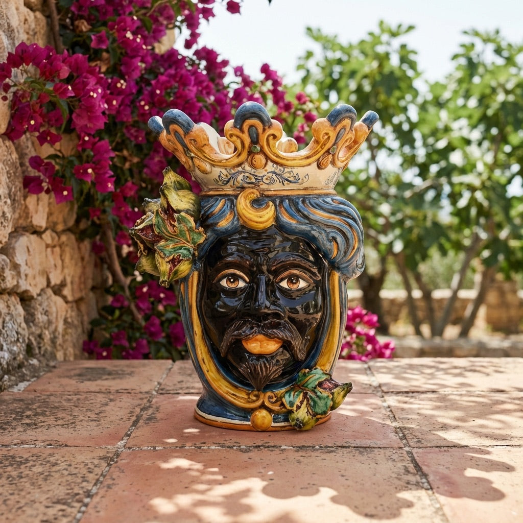 Testa di Moro con Fichi d'India, Maschio Moro, Blu e Arancio. Ceramiche Sofia, Caltagirone