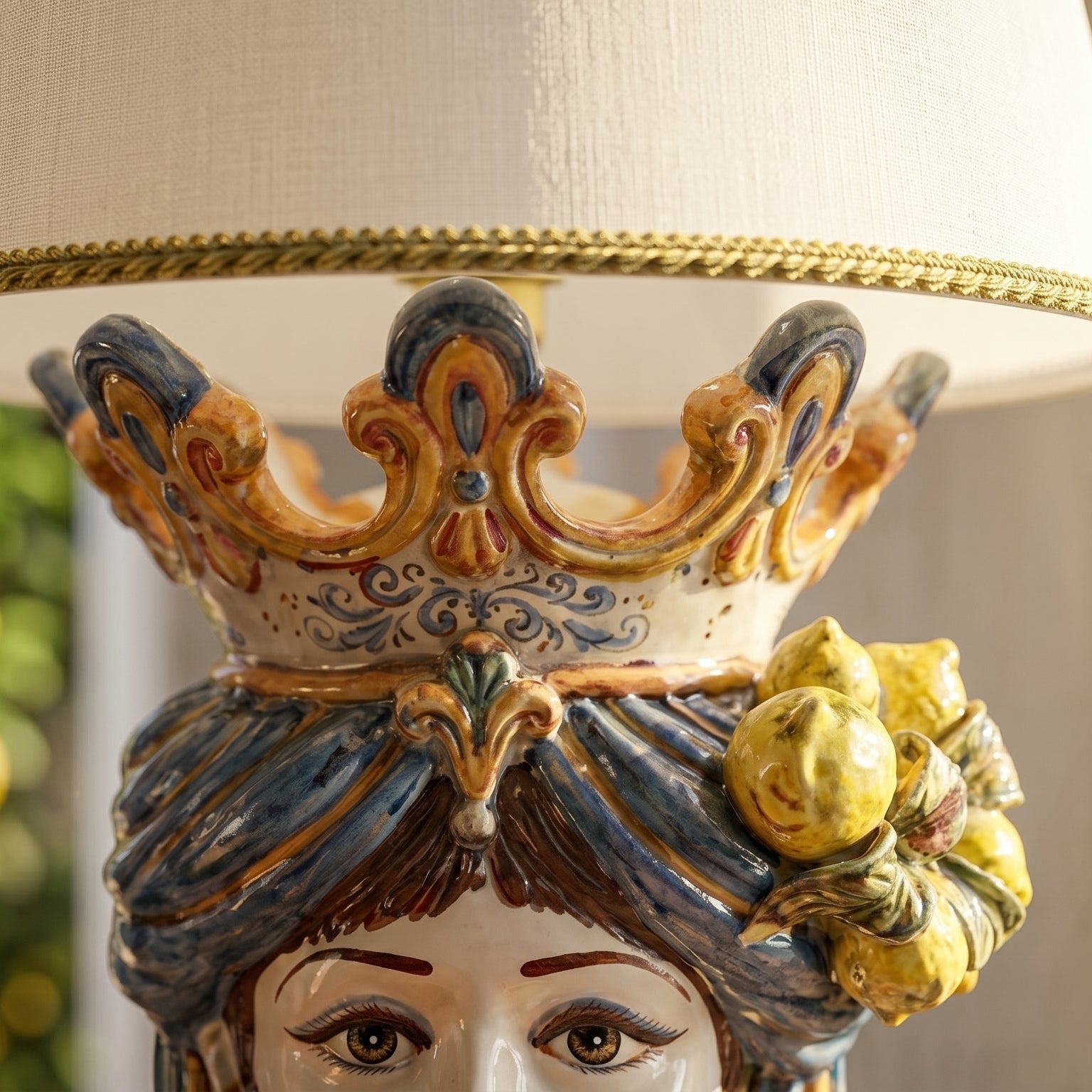 Lume a Testa con Limoni, Donna, Blu e Arancio. Ceramica siciliana di Caltagirone, Sofia