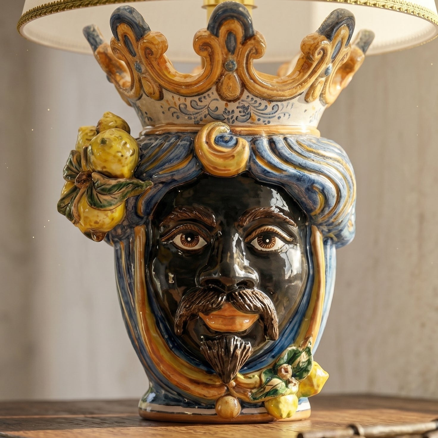 Lume a Testa con Limoni, Maschio Moro, Blu e Arancio. Ceramica siciliana di Caltagirone, Sofia