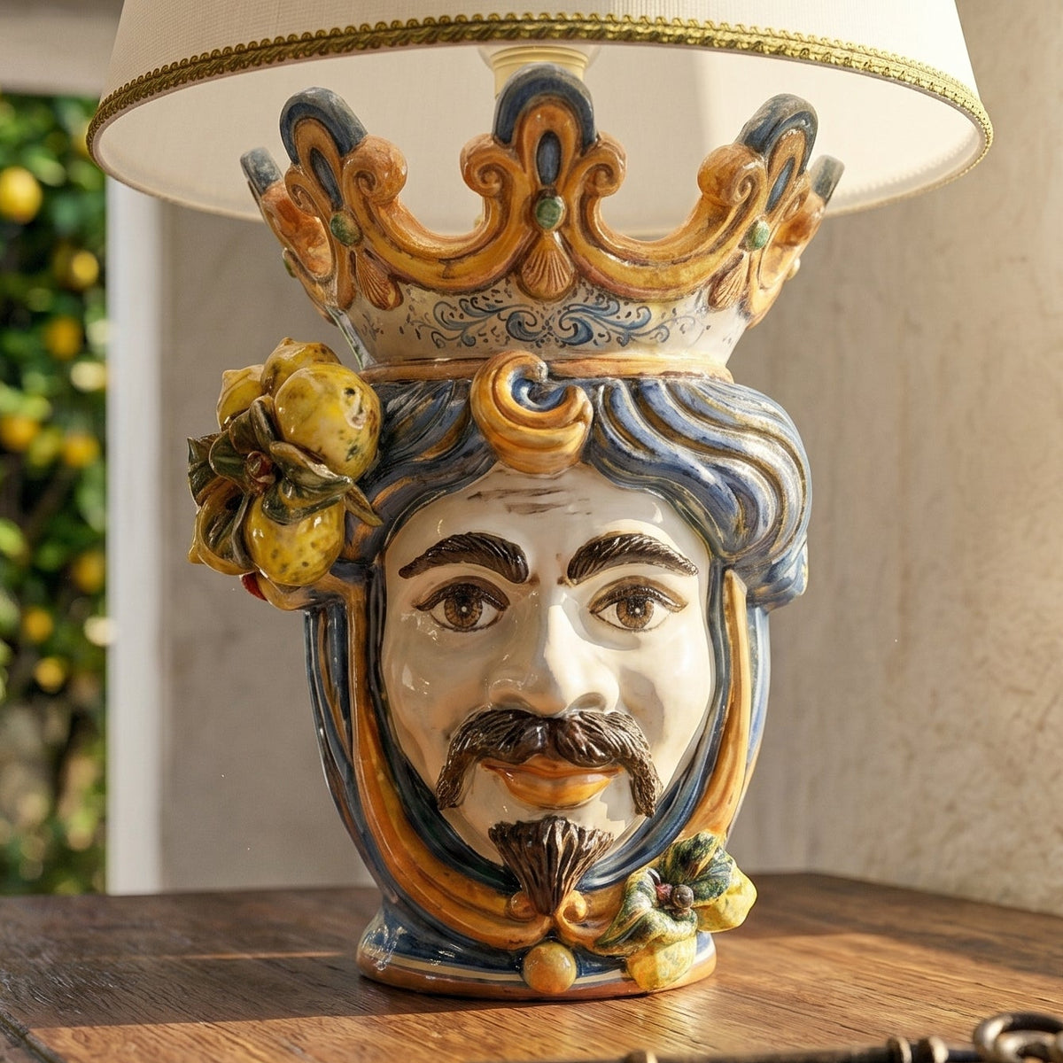 Lume a Testa con Limoni, Maschio Bianco, Blu e Arancio. Ceramiche Sofia, Caltagirone