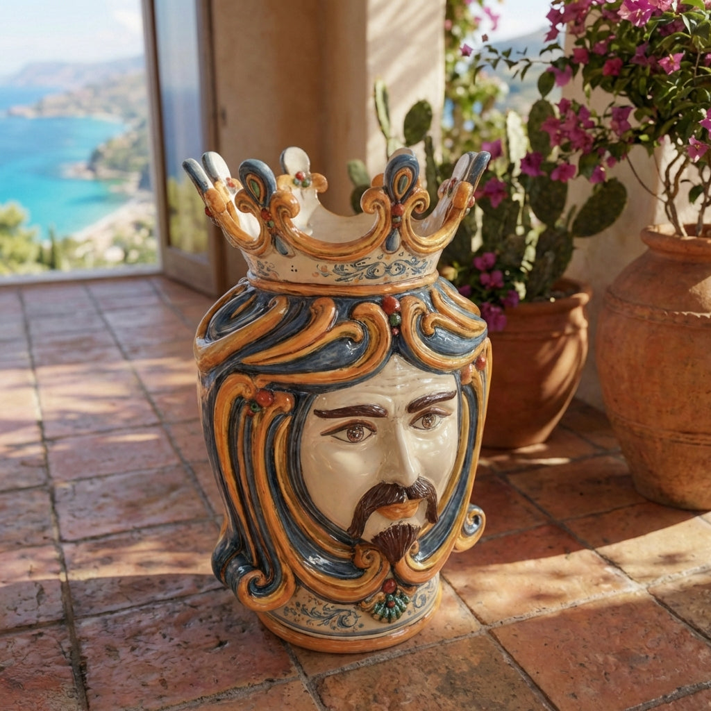 Testa di Moro, Maschio Bianco, Blu e Arancio. Ceramica siciliana di Caltagirone, Sofia