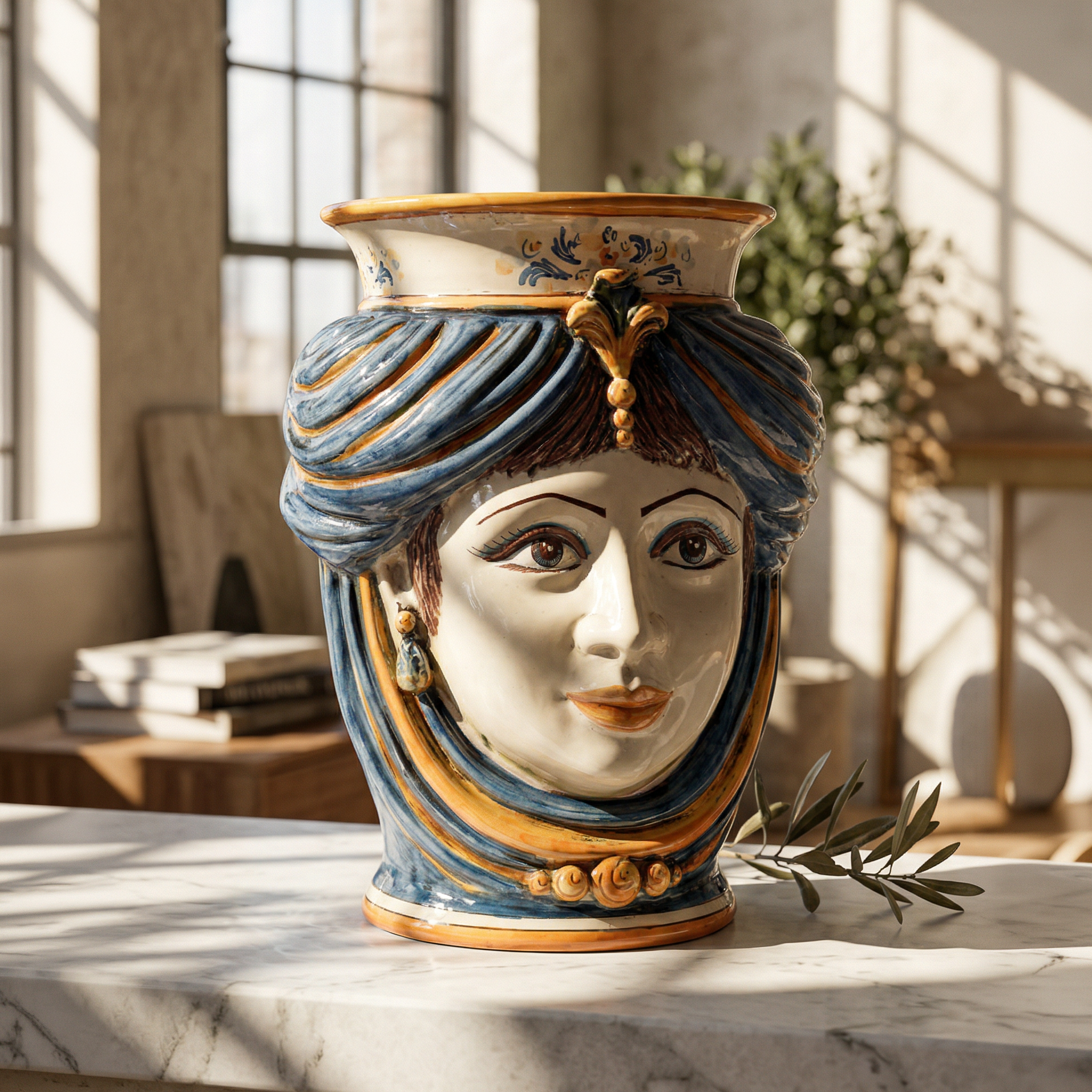 Testa di Moro con Corona, Donna, Blu e Arancio, volto. Ceramica siciliana di Caltagirone, Sofia