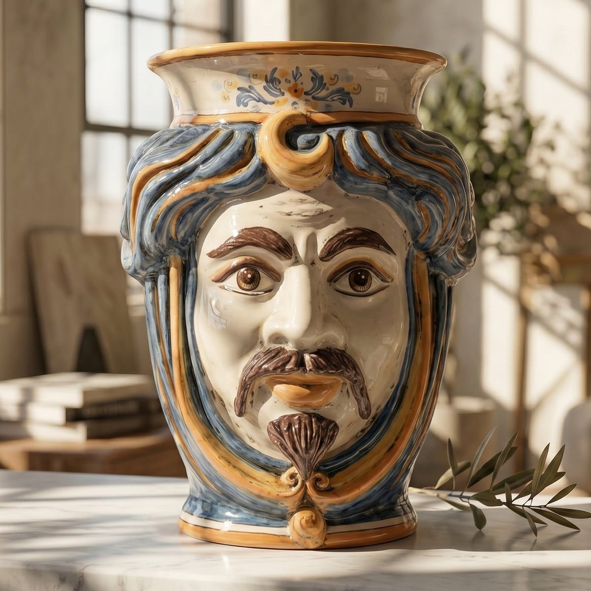Testa di Moro con Corona, Maschio Bianco, Blu e Arancio, volto. Ceramica siciliana di Caltagirone, Sofia