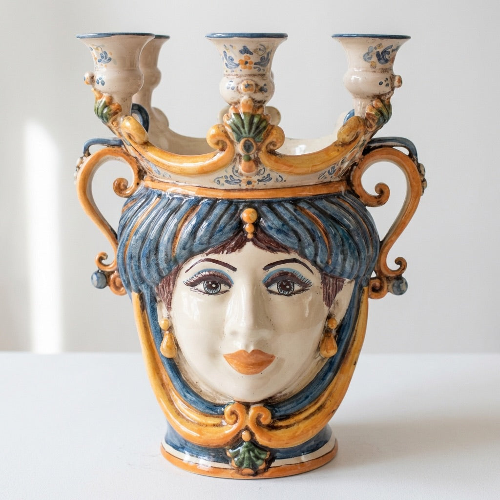 Testa di Moro a Candeliere, Donna, Blu e Arancio. Ceramica siciliana di Caltagirone, Sofia