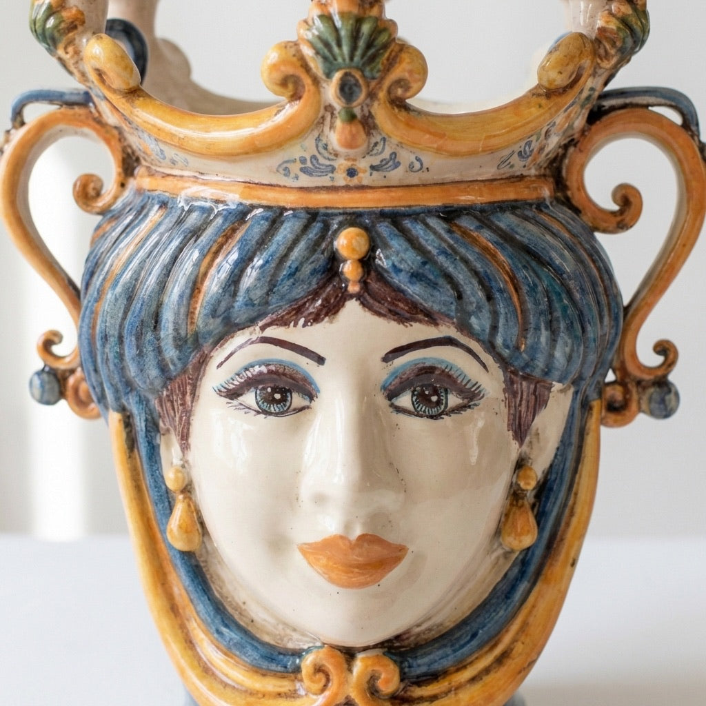 Testa di Moro a Candeliere, Donna, Blu e Arancio. Ceramica siciliana di Caltagirone, Sofia