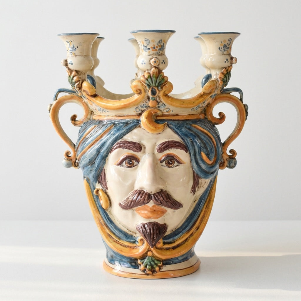 Testa di Moro a Candeliere, Maschio Bianco, Blu e Arancio. Ceramiche Sofia, Caltagirone