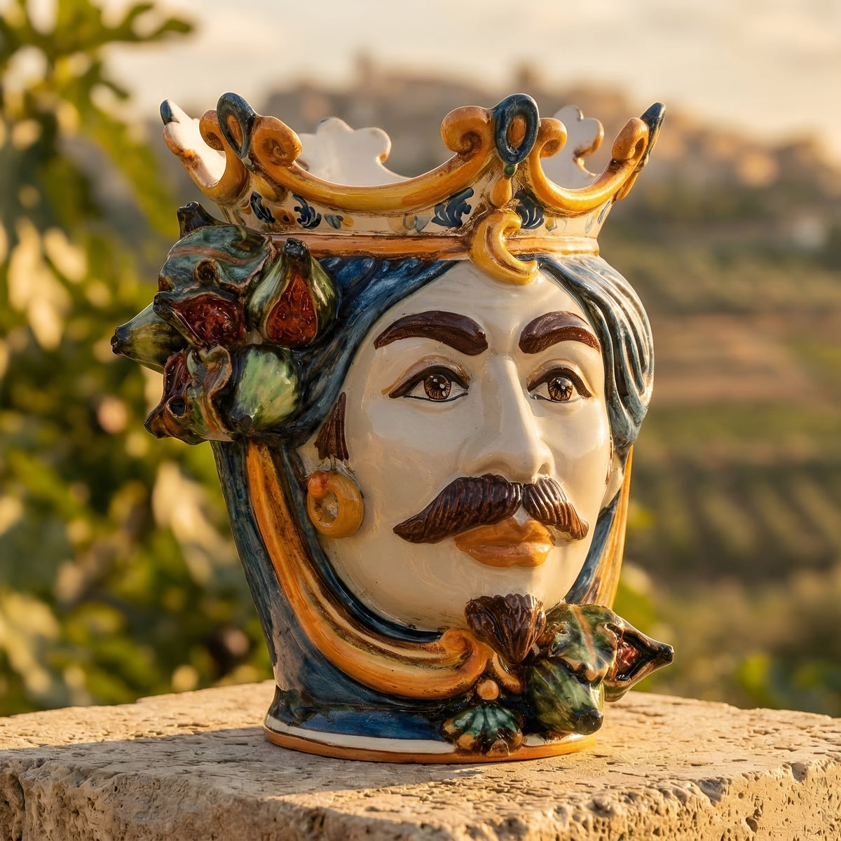 Testa di Moro con Fichi, Maschio Bianco, Blu e Arancio, fico d'India in rilievo. Ceramiche Sofia, Caltagirone