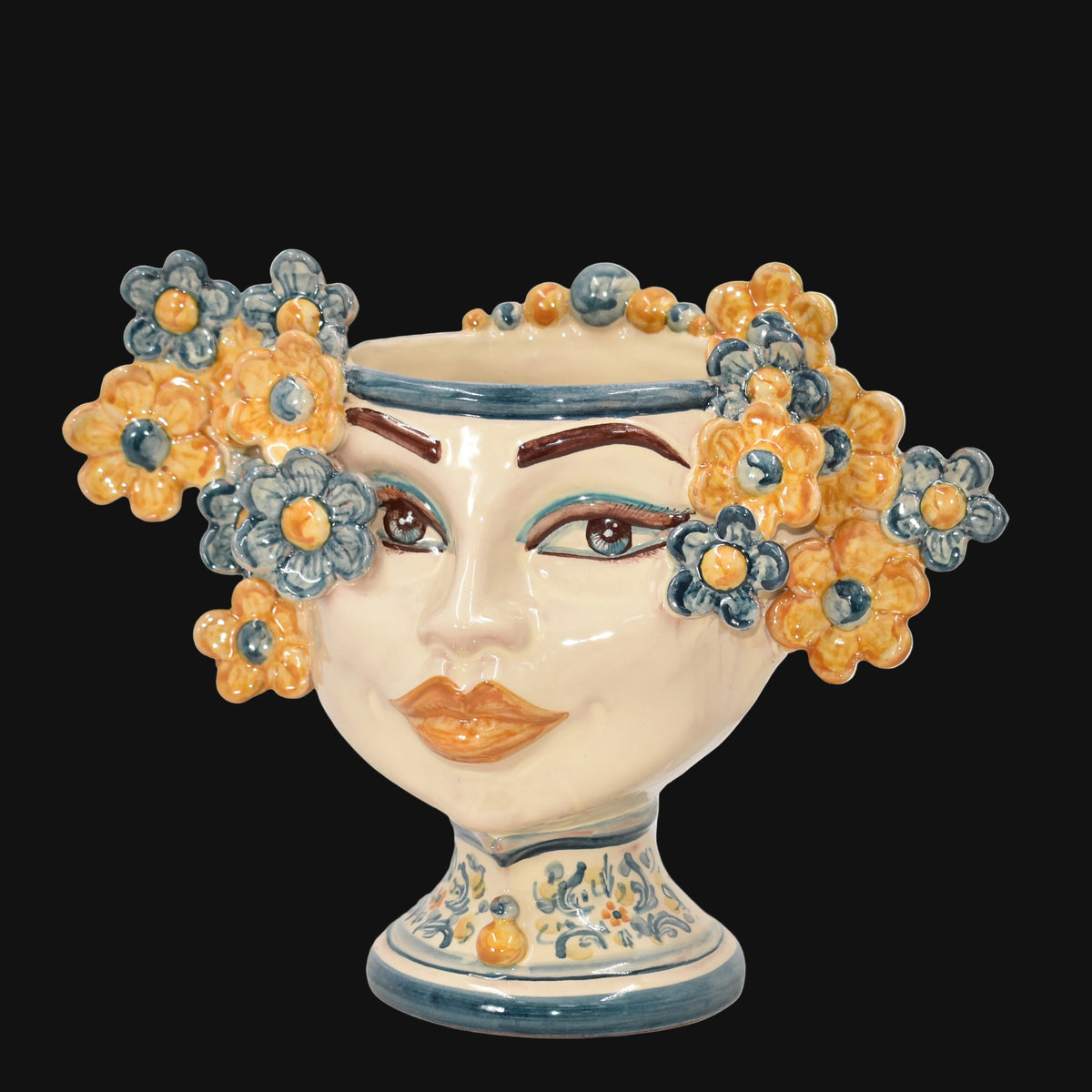 Testa di Moro con Fiori, Blu e Arancio. Ceramica siciliana di Caltagirone, Sofia