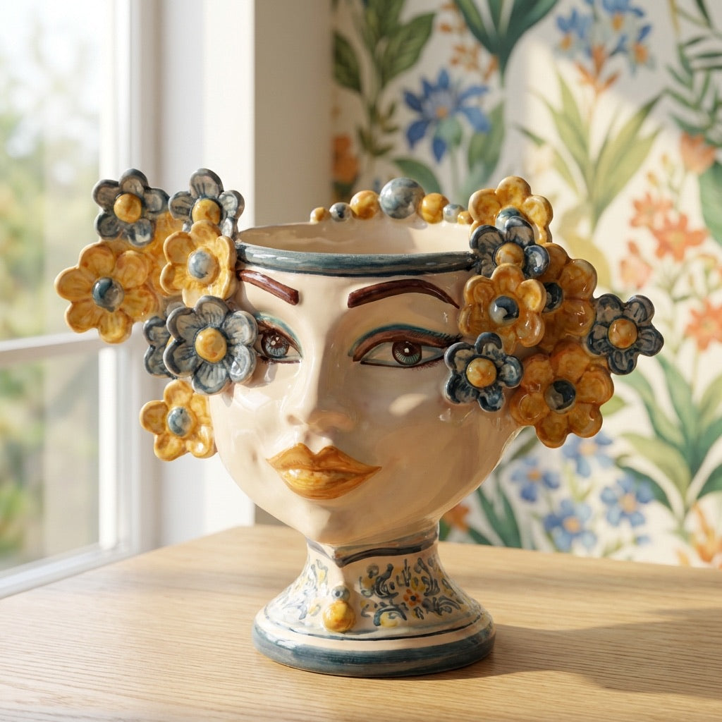 Testa di Moro con Fiori, Blu e Arancio. Ceramica siciliana di Caltagirone, Sofia