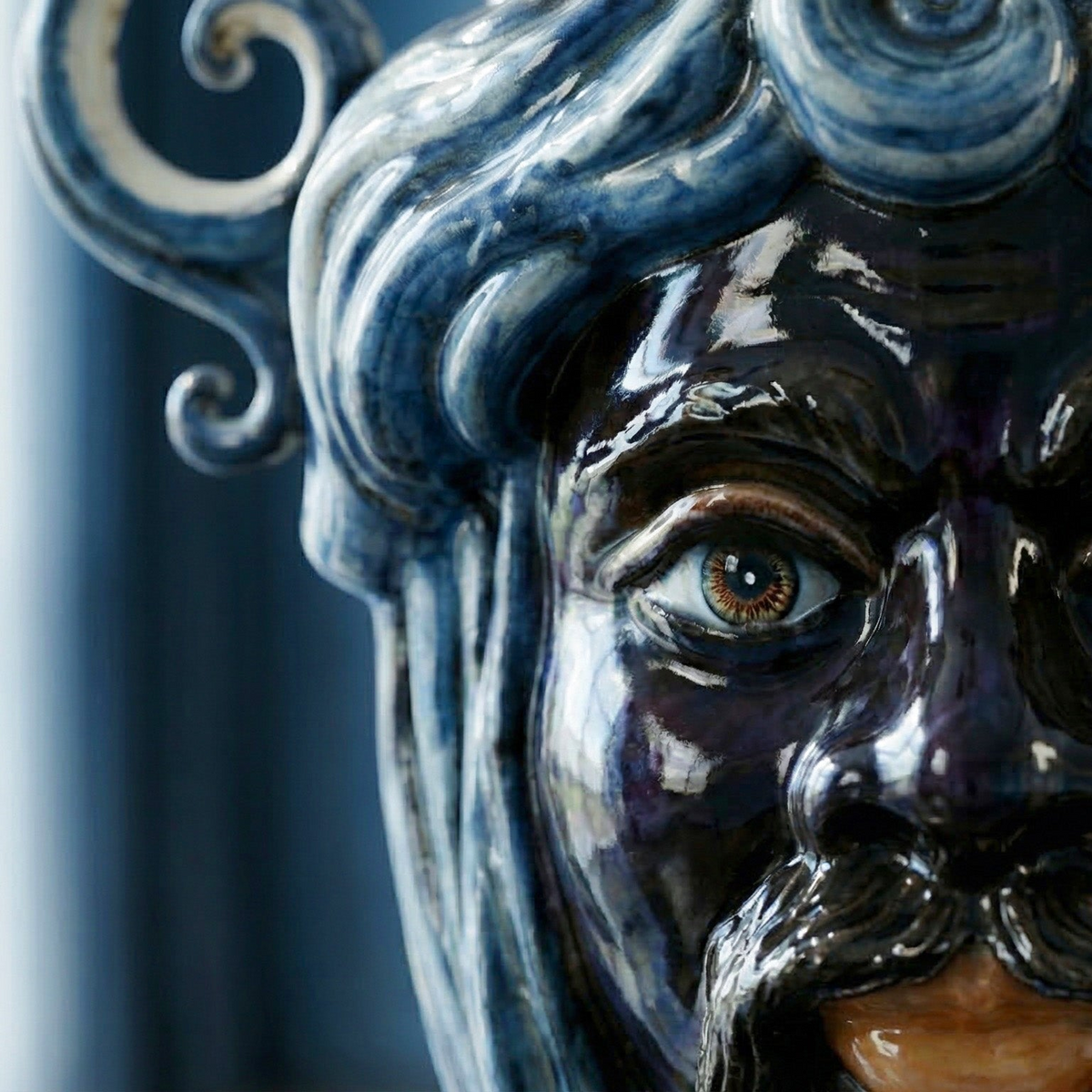 Testa di Moro a Candeliere, Maschio Moro, Mono Blu. Ceramiche Sofia, Caltagirone