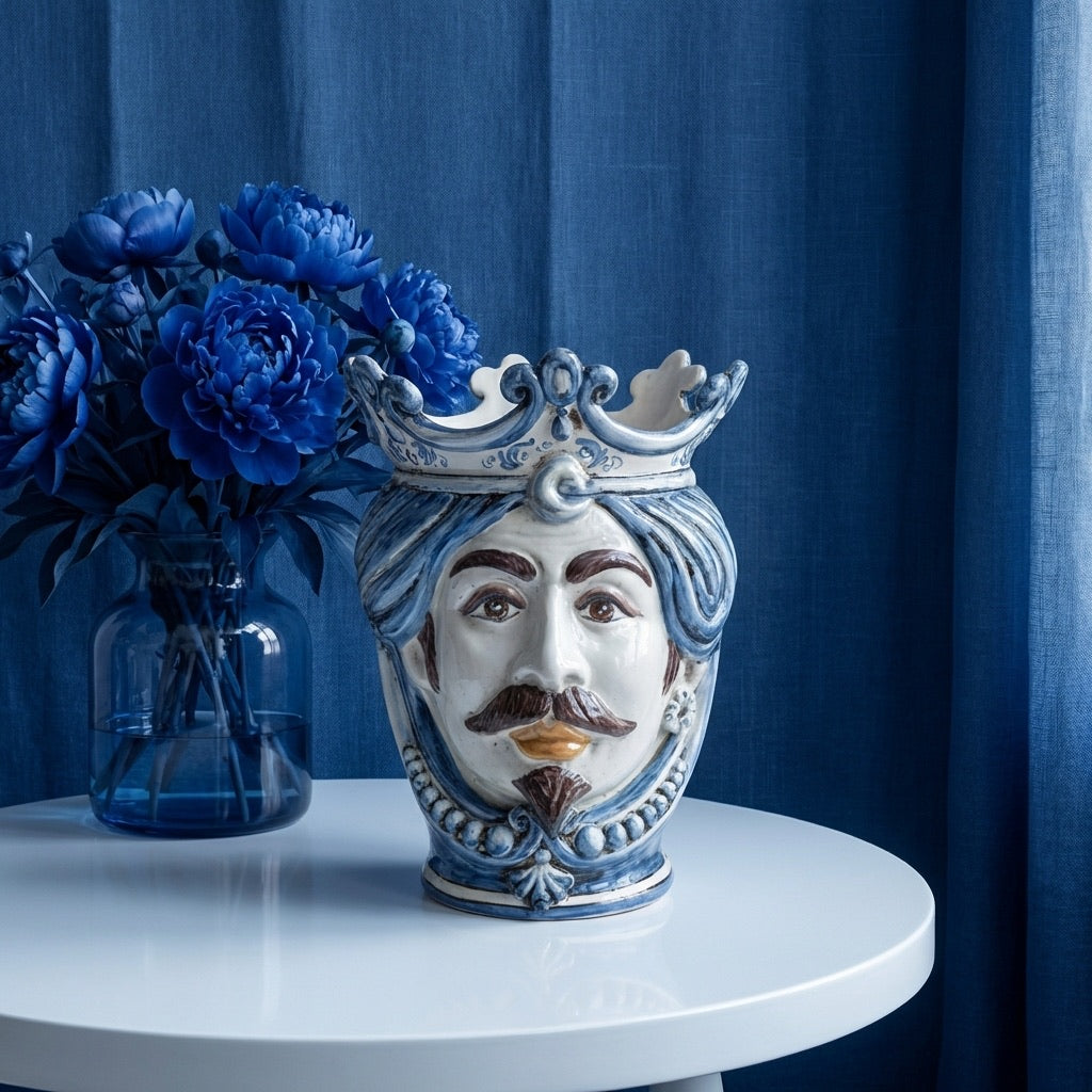 Testa di Moro con Perline, Maschio Bianco, Mono Blu. Ceramiche Sofia, Caltagirone