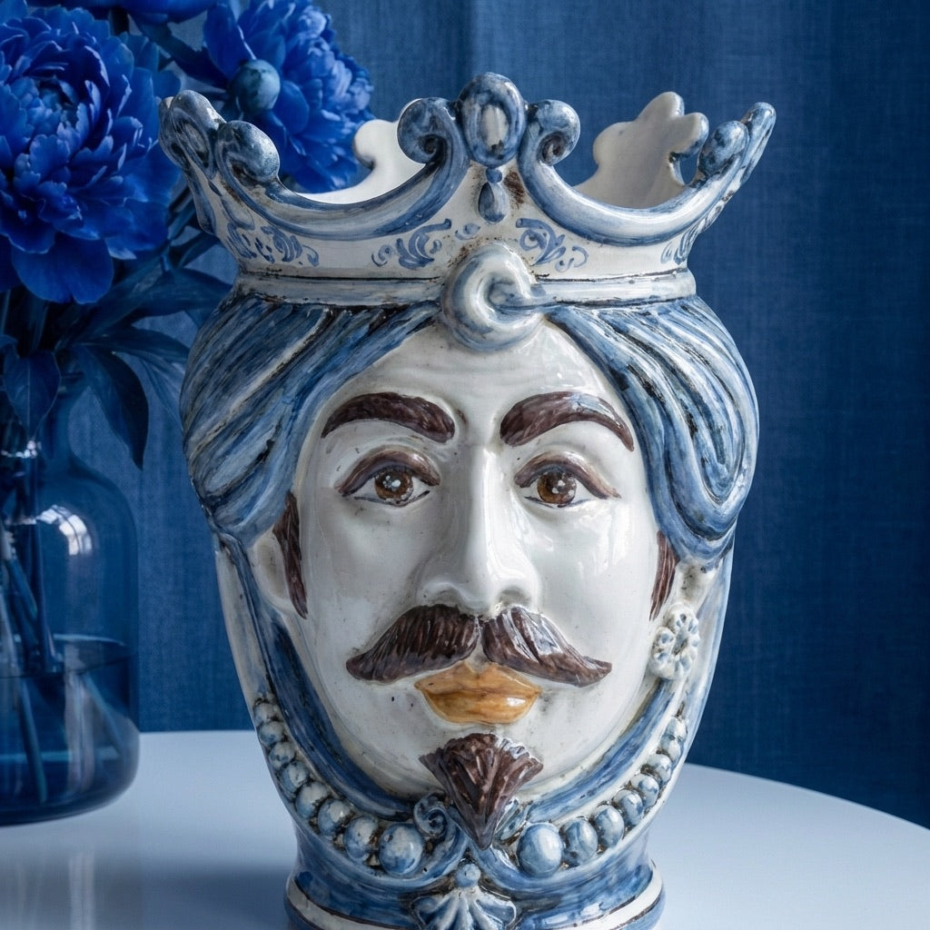 Testa di Moro con Perline, Maschio Bianco, Mono Blu. Ceramiche Sofia, Caltagirone